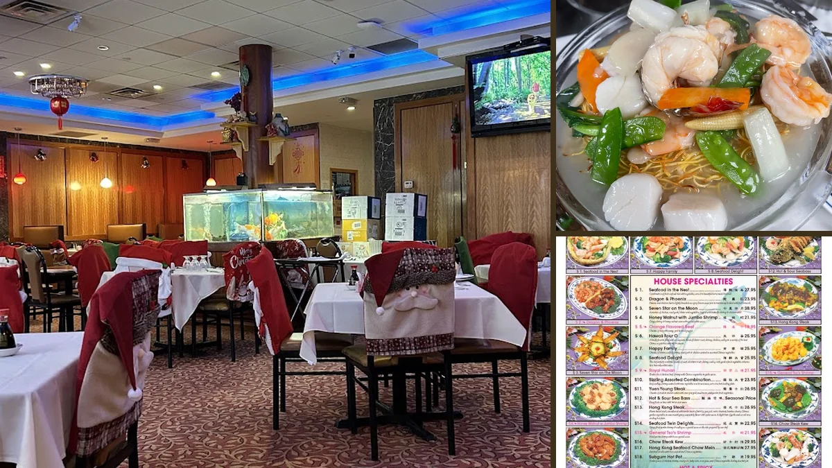 Tables set for dine-in Chinese meals.
