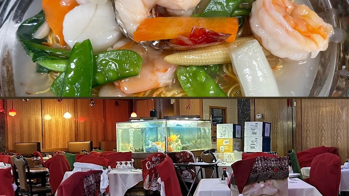Tables set for dine-in Chinese meals.