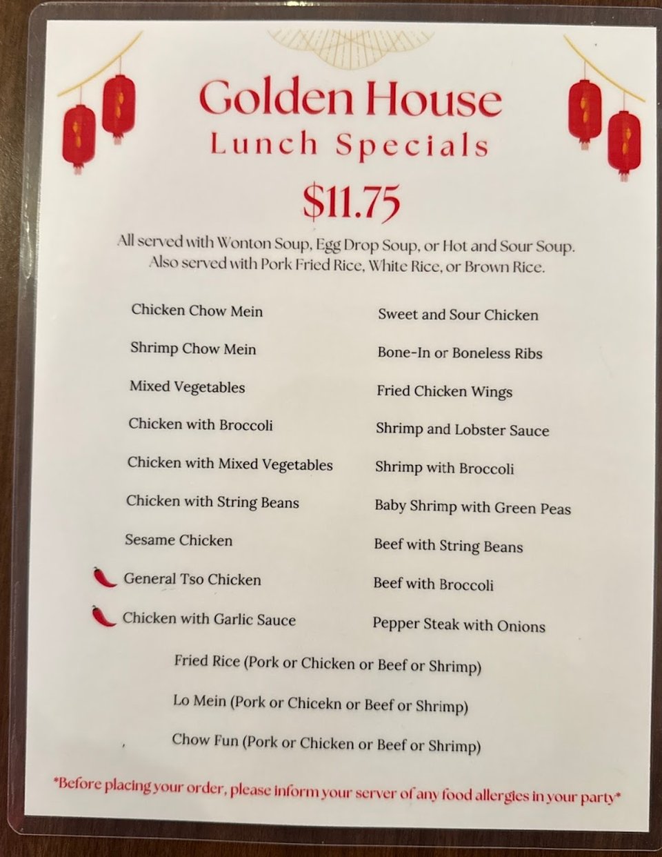 Chinese takeout menu with classic noodle dishes.